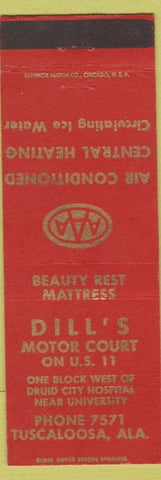 Matchbook Cover - Dill's Motor Court Tuscaloosa AL AAA red