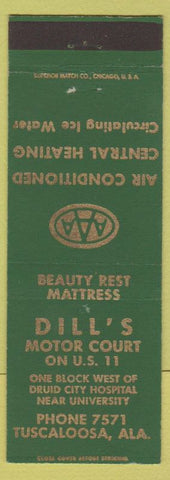 Matchbook Cover - Dill's Motor Court Tuscaloosa AL AAA green