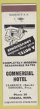 Matchbook Cover - Commercial Hotel Chaska MN Low Phone # Clarence Ohnsborg