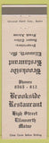 Matchbook Cover - Brookside Restaurant Ellsworth ME Jasper Tilden Frank Abram