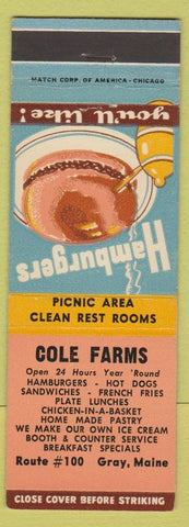 Matchbook Cover - Cole Farms Gray ME hamburgers hot dogs