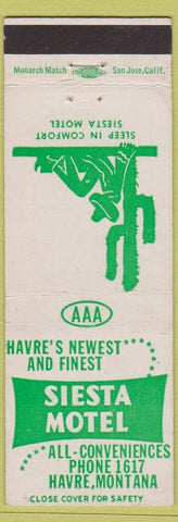 Matchbook Cover - Siesta Motel Harve MT cactus AAA low phone #