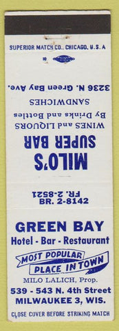 Matchbook Cover - Milo's Super Bar Green Bay Hotel Milwaukee WI Milo Lalich