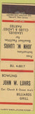 Matchbook Cover - John W Luhrs Bowling Billiards