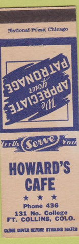 Matchbook Cover - Howard's Cafe Fort Collins Colorado low phone #