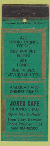 Matchbook Cover - Jones Cafe San Francisco CA Chinese