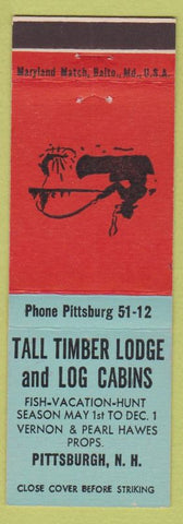 Matchbook Cover - Tall Timber Lodge Log Cabins Pittsburgh NH Vernon Pearl Hawes