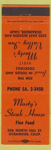 Matchbook Cover - Marty's Steak House Oceanside CA