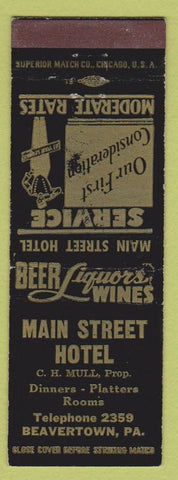 Matchbook Cover - Main Street Hotel Beavertown PA low phone #