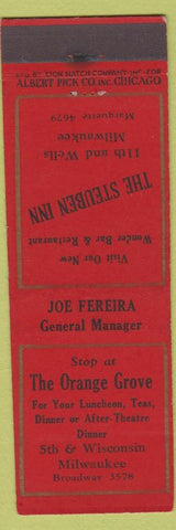 Matchbook Cover - Orange Grove Steuben Inn Milwaukee WI Joe Fereira