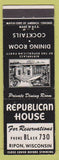 Matchbook Cover - Republican House Ripon WI low phone #