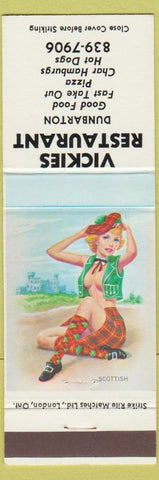 Matchbook Cover - Vickies Restaurant Dunbarton? NH hamburgers hot dogs pinup