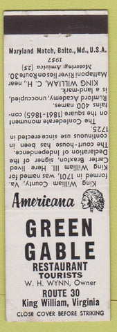 Matchbook Cover - Green Gable Restaurant King William VA Perkins Americana