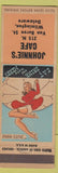 Matchbook Cover - Johnnie's Cafe Wilmington DE pinup