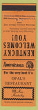 Matchbook Cover - Opal's Restaurant McKee KY Perkins Americana