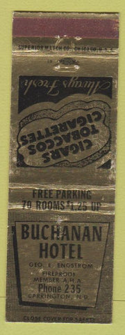 Matchbook Cover - Buchanan Hotel Carrington ND low phone #