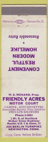 Matchbook Cover - Friendly Acres Motor Court Newington CT