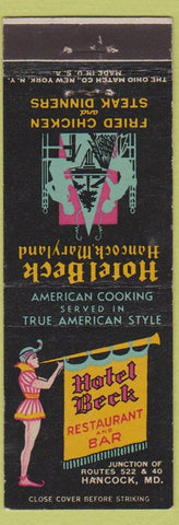 Matchbook Cover - Hotel Beck Restaurant Bar Hancock MD Fried Chicken