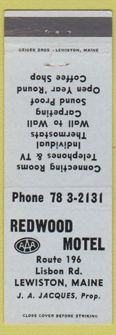 Matchbook Cover - Redwood Motel Lewiston ME JA Jacques
