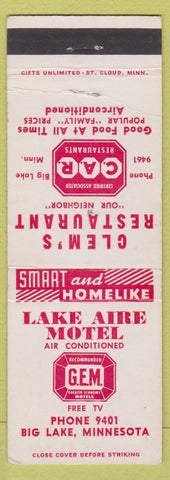 Matchbook Cover - Lake Aire Motel Big Lake MN  Clem's Restaurant