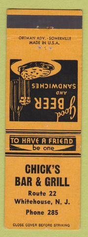 Matchbook Cover - Chick's Bar Grill Whitehouse NJ low phone #