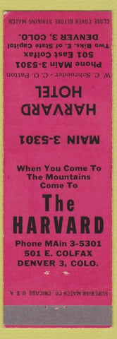 Matchbook Cover - Harvard Hotel Denver Colorado Colfax