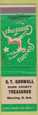 Matchbook Cover - GT Gunwall Dun County Treasurer Manning ND election