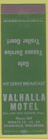 Matchbook Cover - Valhalla Motel Evansville WI low phone Texaco oil gas