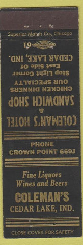 Matchbook Cover - Coleman's Cedar Lake IN Hotel Sandwich Shop low phone