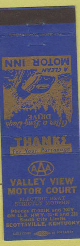 Matchbook Cover - Valley View Motor Court Scottsville KY AAA