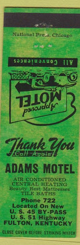 Matchbook Cover - Adams Motel fUlton KY low phone #