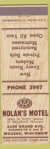 Matchbook Cover - Nolan's Motel Wausau WI low phone