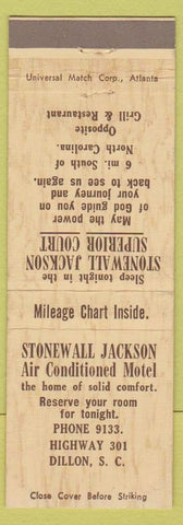 Matchbook Cover - Stonewall Jackson Motel Dillon SC
