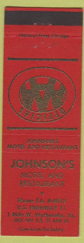 Matchbook Cover - Johnson's Motel Restaurant Wytheville VA red