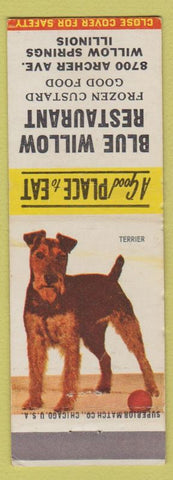Matchbook Cover - Blue Willow Restaurant Willow Springs IL Terrier Dog