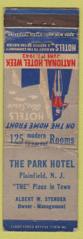 Matchbook Cover - Park Hotel Plainfield NJ WORN