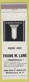 Matchbook Cover - Frank W Lane Memorials Middletown NY