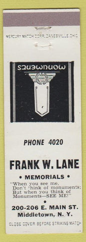 Matchbook Cover - Frank W Lane Memorials Middletown NY