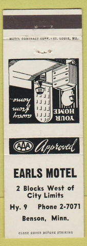 Matchbook Cover - Earls Motel Benson MN white