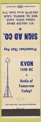Matchbook Cover - Advertising Chula Vista CA KVON Radio 1440