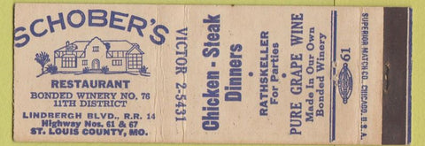 Matchbook Cover - Schober's Restaurant ST Louis MO Grape Wine