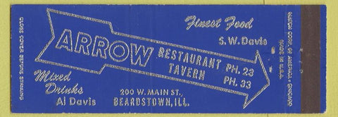 Matchbook Cover - Arrow Restaurant Tavern Beardstown IL low phone Full Length