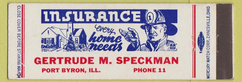 Matchbook Cover Gertrude Speckman Insurance Port Byron IL low phone Full Length