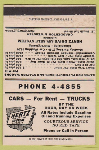 Matchbook Cover - Hertz Rental Cars Harrisburg PA 40 Strike