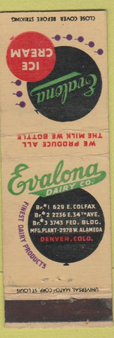 Matchbook Cover - Evalona Dairy Ice Cream Denver Colorado