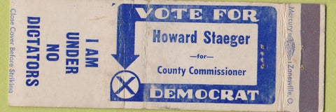 Matchbook Cover - Howard Staeger County Commissioner Democrat WEAR