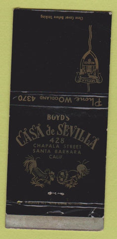 Matchbook Cover - Casa De Sevilla Santa Barbara CA WORN 30 Strike