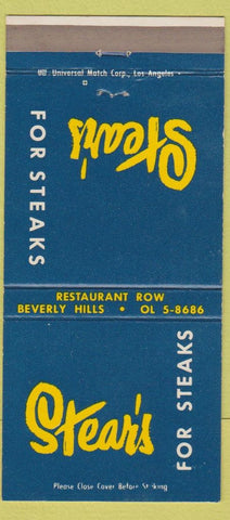 Matchbook Cover - Stear's Steaks Beverly Hills CA Corona Del Mar 30 Strike