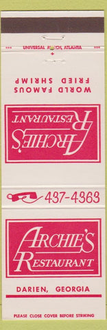 Matchbook Cover - Archie's Restaurant Darien GA Fried Shrimp