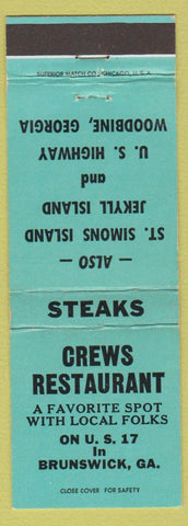 Matchbook Cover - Crews Restaurant Brunswick GA Woodbine teal